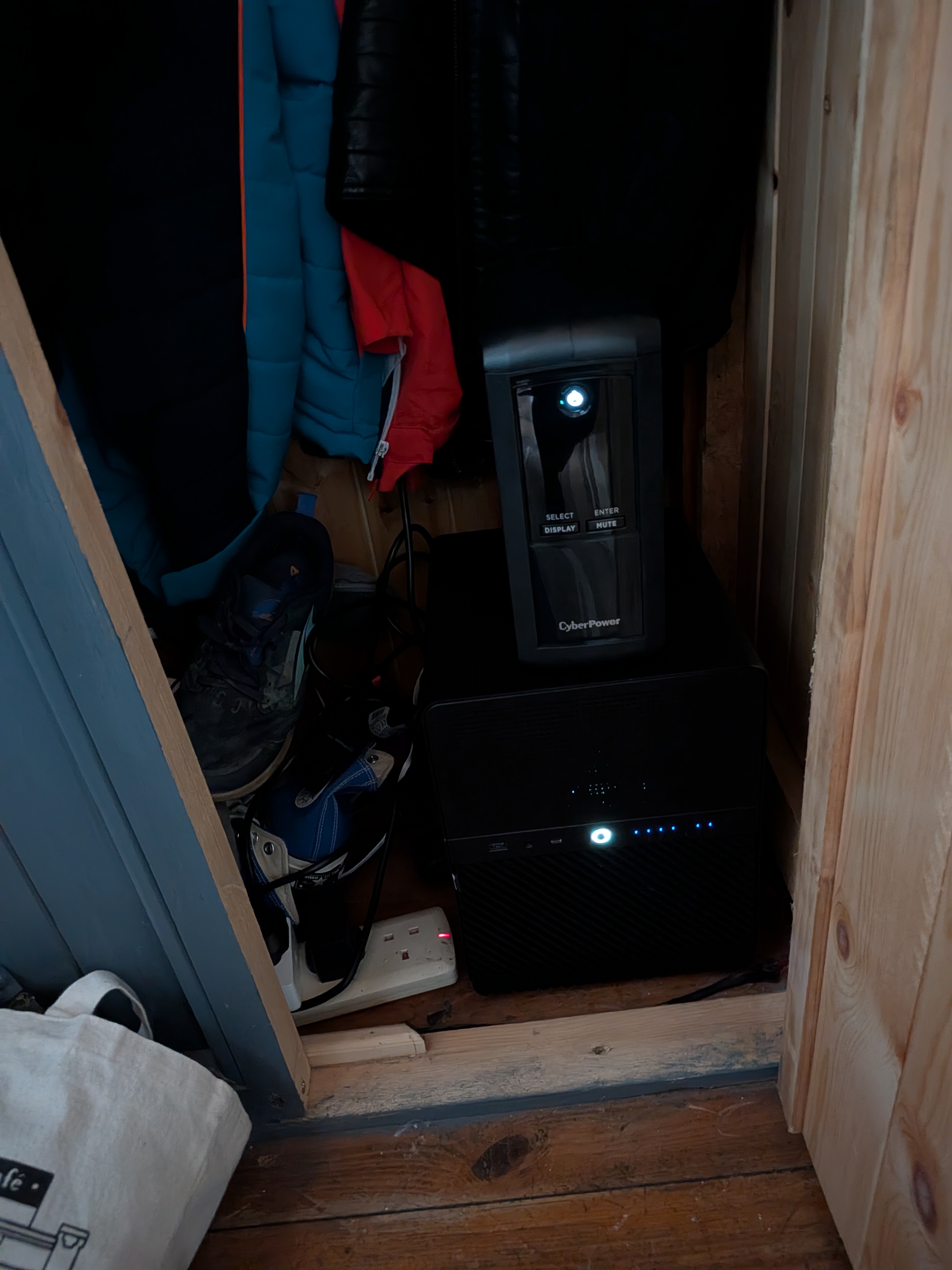 Shinkai server running in a closet with CyberPower UPS
